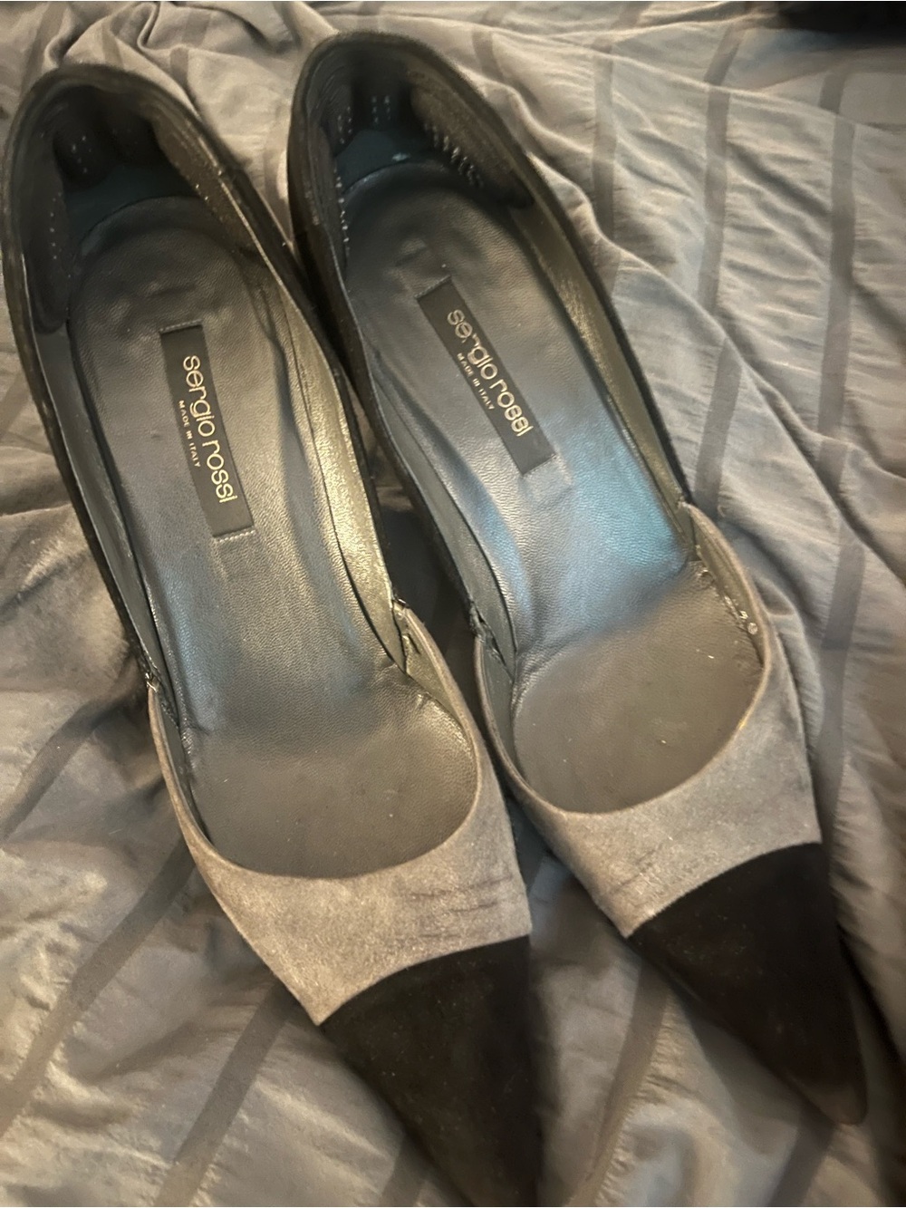 Sergio Rossi Two-Tone Pointed Suede Pumps in Gray and Black